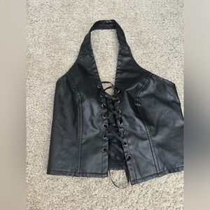 BLACK LEATHER HALTER TOP